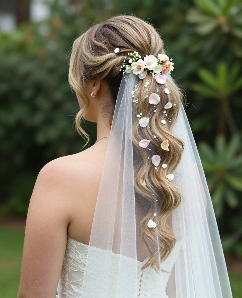 Stunning Floral Wedding Hair with Veil Ideas to Elevate Your Bridal Style - 5. Textured Ponytail with Floral Embellishments 1