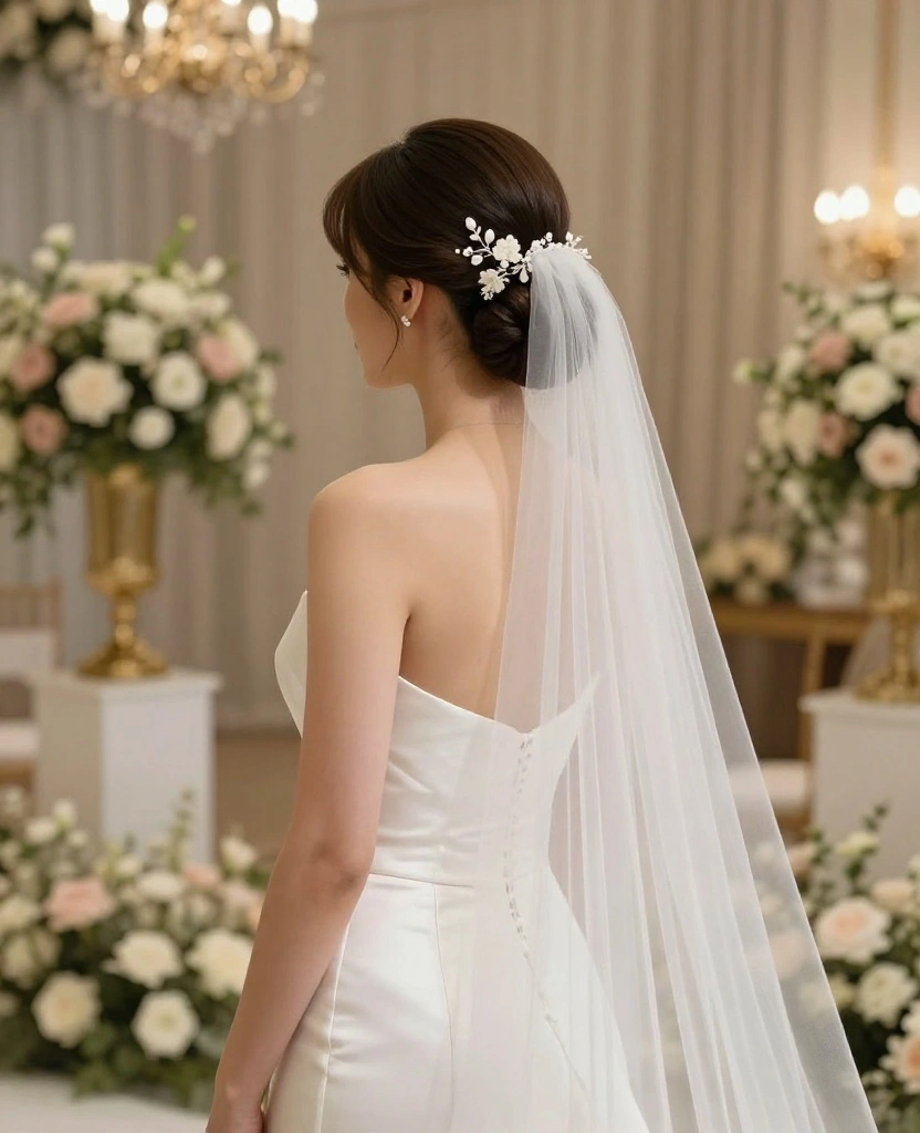 Stunning Floral Wedding Hair with Veil Ideas to Elevate Your Bridal Style - 7. Chic Sleek Bun with Floral Brooches 1