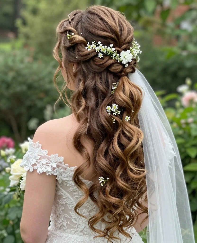 Stunning Floral Wedding Hair with Veil Ideas to Elevate Your Bridal Style - 8. Ethereal Waterfall Braids with Small Flowers 1