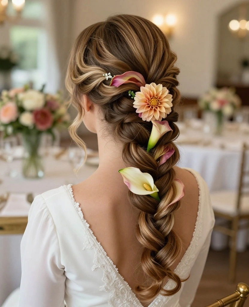 Stunning Floral Wedding Hair with Veil Ideas to Elevate Your Bridal Style - 9. Intricate Twists with Seasonal Blooms 1