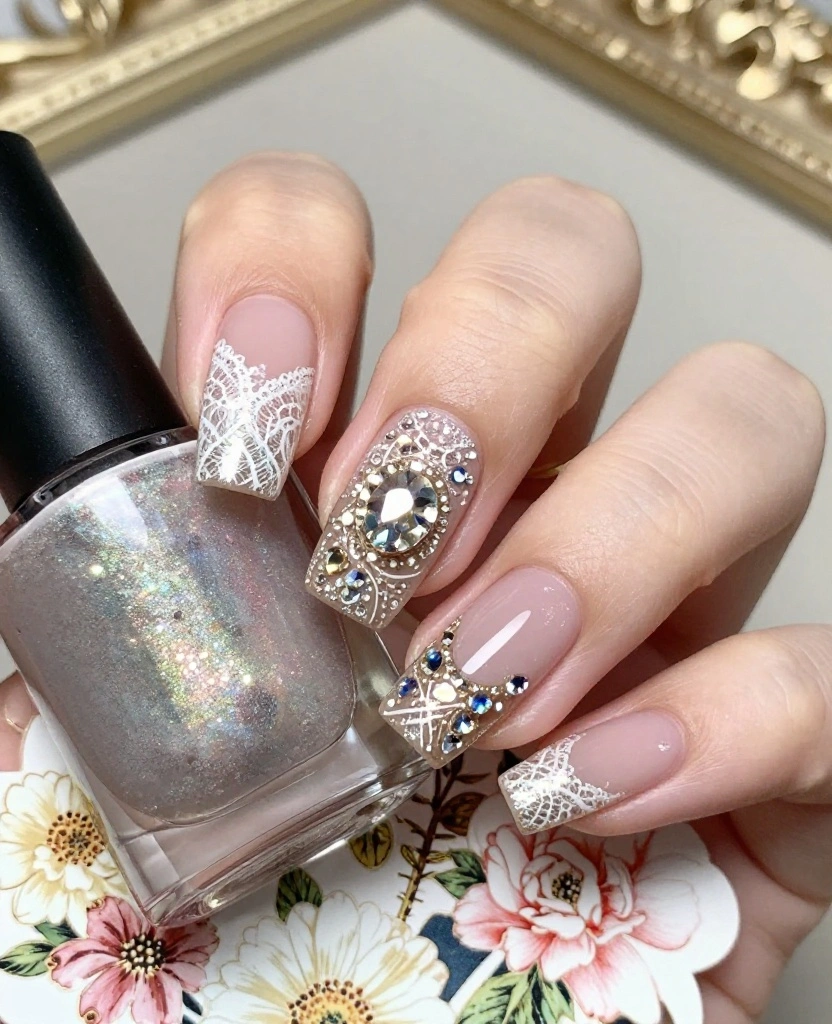 Stunning Wedding Nails for Bridesmaids: 25 Elegant Ideas to Wow on the Big Day - 17. Lace and Crystal Combo 1