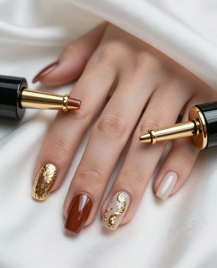 Stunning Wedding Nails with Gold Accent Ideas That Every Bride Will Love - 10. Bold Jewel Tones with Gold Details 1