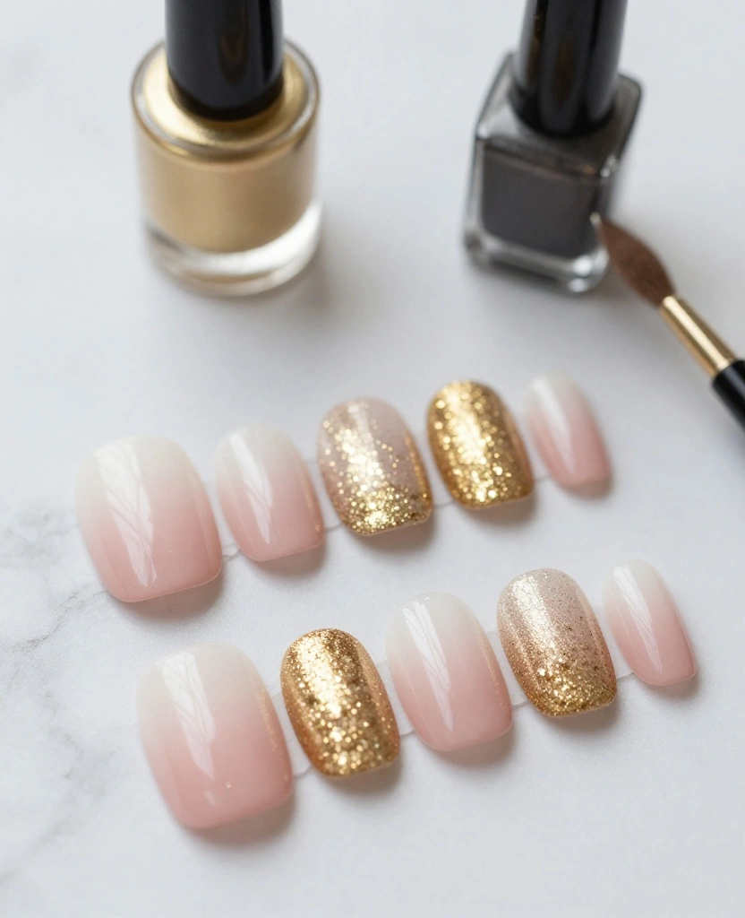 Stunning Wedding Nails with Gold Accent Ideas That Every Bride Will Love - 2. Romantic Ombre with Gold Accent Tips 1