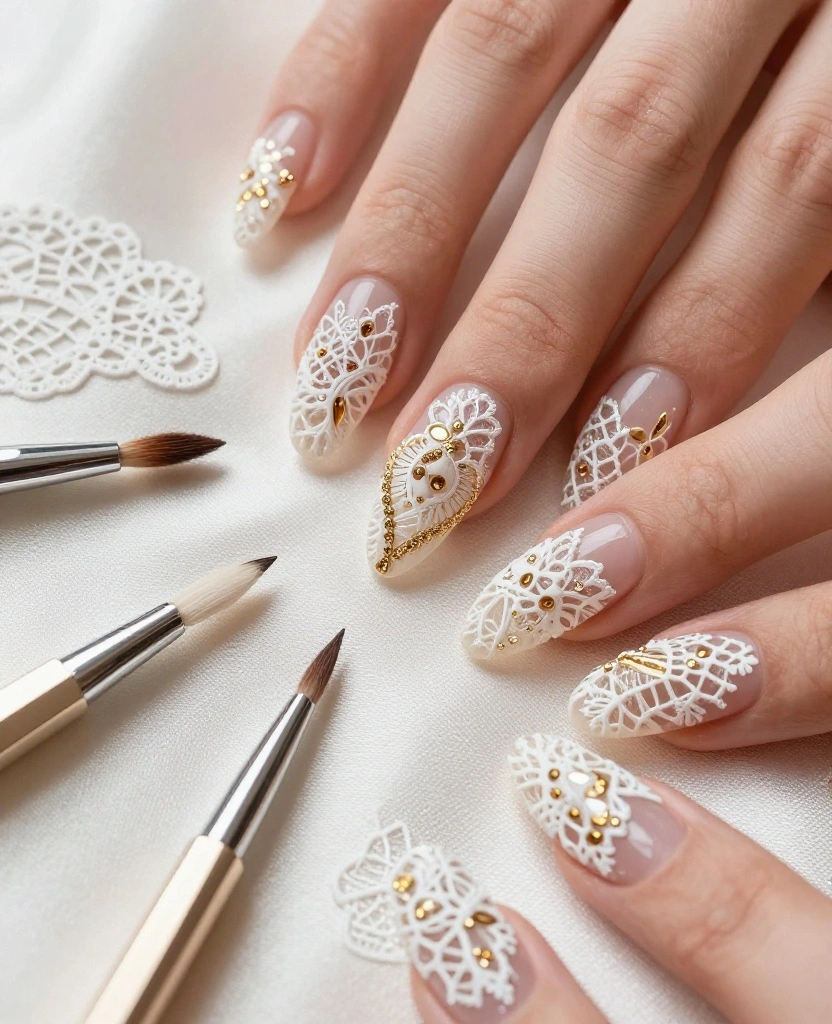 Stunning Wedding Nails with Gold Accent Ideas That Every Bride Will Love - 4. Elegant Lace with Gold Accents 1