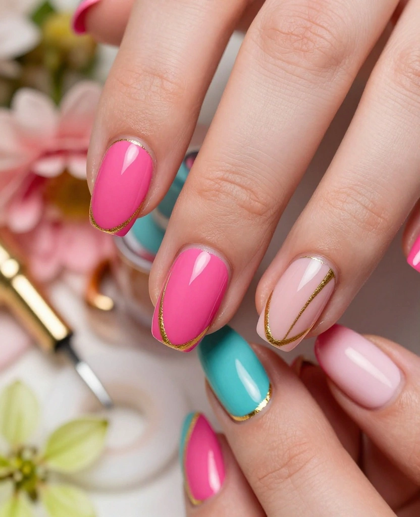 Stunning Wedding Nails with Gold Accent Ideas That Every Bride Will Love - 6. Bold Color Blocking with Gold Accents 1