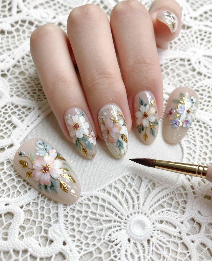 Stunning Wedding Nails with Gold Accent Ideas That Every Bride Will Love - 7. Vintage Floral with Gold Touches 1