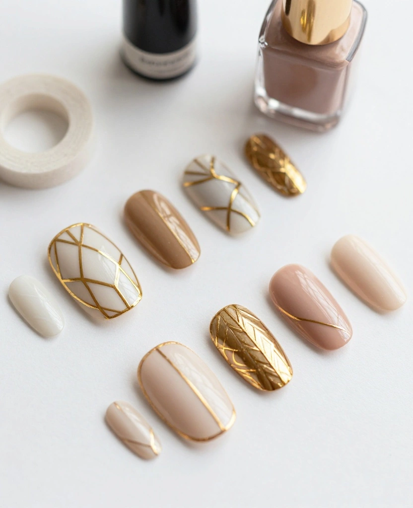 Stunning Wedding Nails with Gold Accent Ideas That Every Bride Will Love - 8. Geometric Patterns with Gold Accents 1