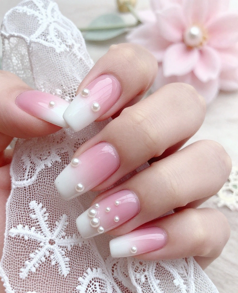 Wedding Nails with Pearls: Stunning Designs to Elevate Your Bridal Look ✨💍 - 2. Pearl-Embedded Ombré Effect 1