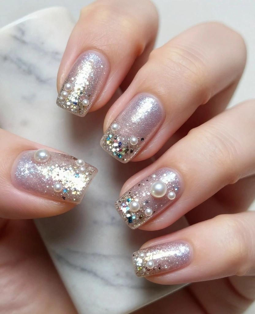 Wedding Nails with Pearls: Stunning Designs to Elevate Your Bridal Look ✨💍 - 3. Pearl Accents with Glitter 1