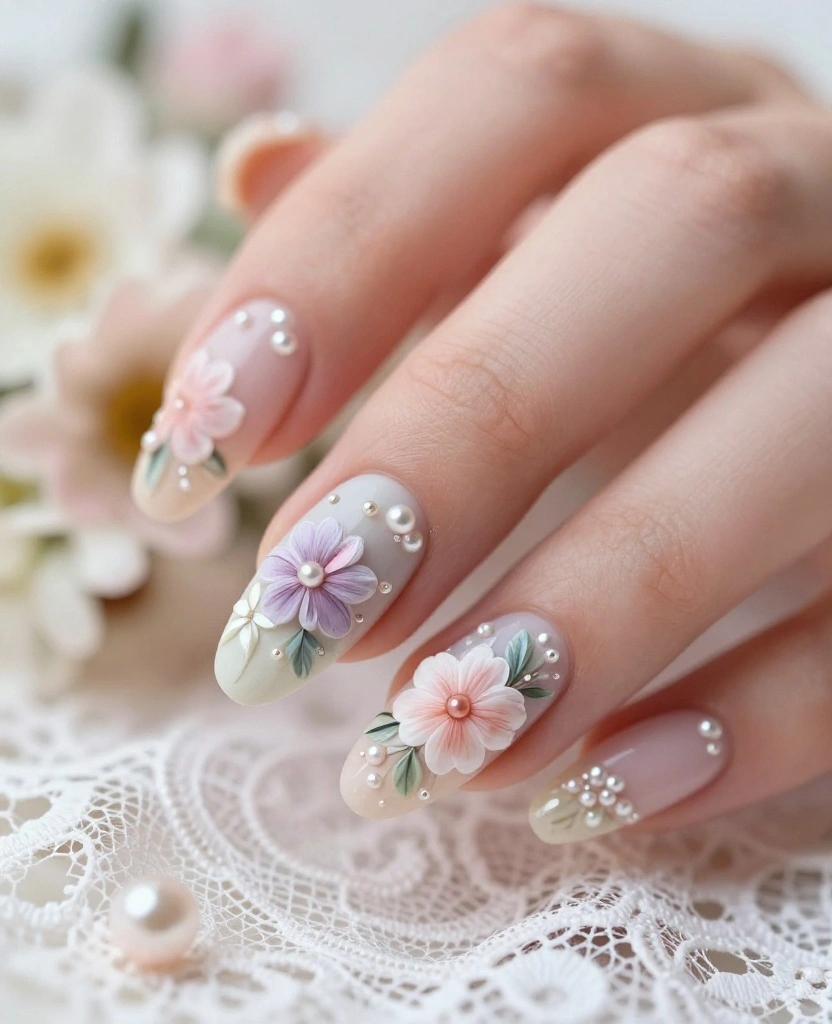 Wedding Nails with Pearls: Stunning Designs to Elevate Your Bridal Look ✨💍 - 4. Bohemian Floral Nails with Pearls 1