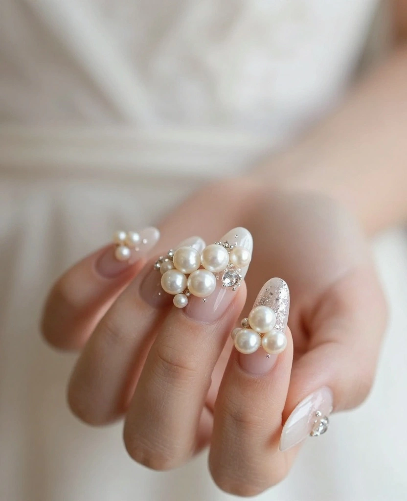 Wedding Nails with Pearls: Stunning Designs to Elevate Your Bridal Look ✨💍 - 9. Glittering Pearls at the Base 1